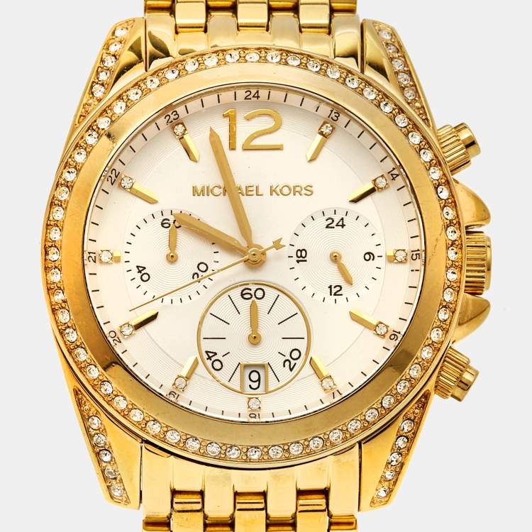Pre Owned Michael Kors White Dial Gold Plated Stainless Steel Crystal Embellished Pressly MK5835 Women's Wristwatch 39 mm