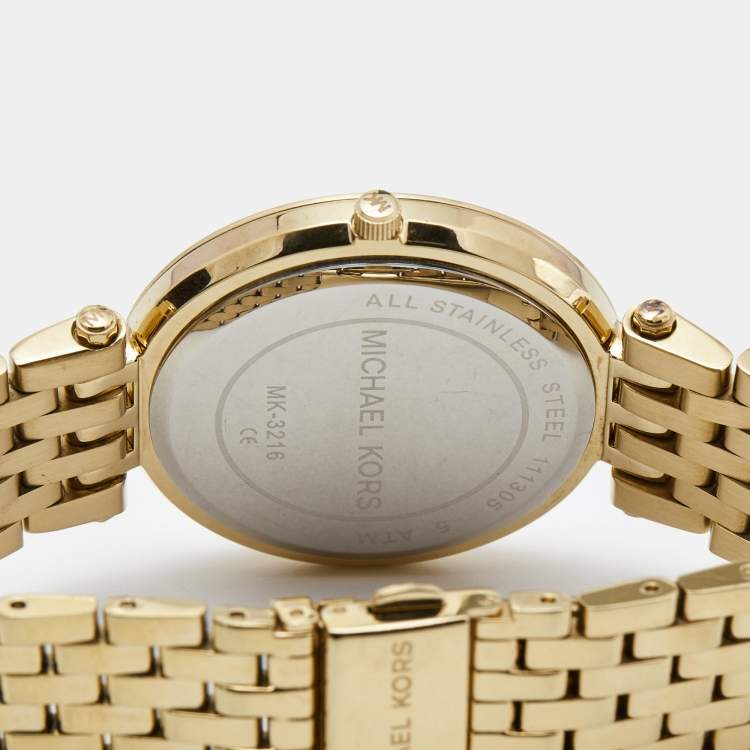 Pre Owned Michael Kors Yellow Gold Plated Stainless Steel Crystal MK3216 Women's Wristwatch 39 mm