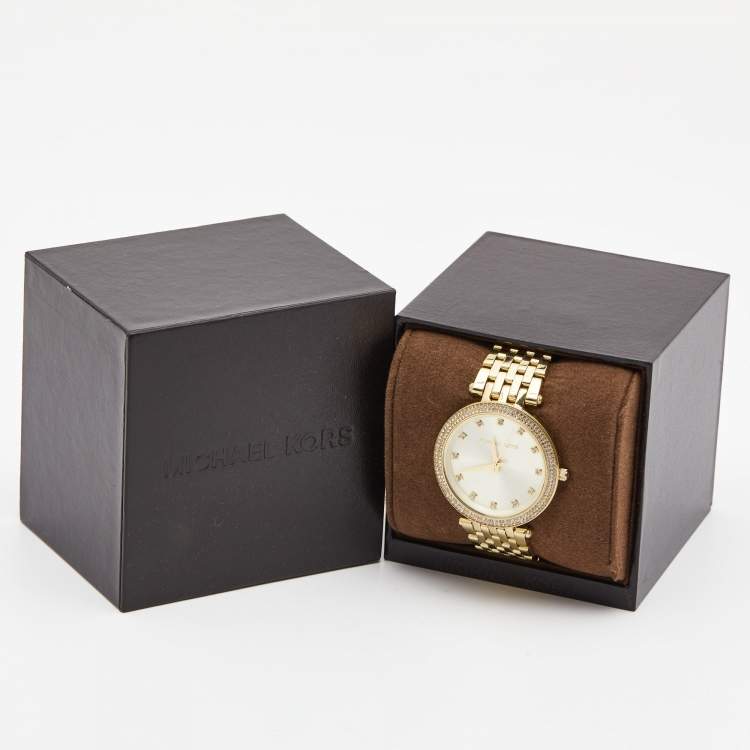 Pre Owned Michael Kors Yellow Gold Plated Stainless Steel Crystal MK3216 Women's Wristwatch 39 mm