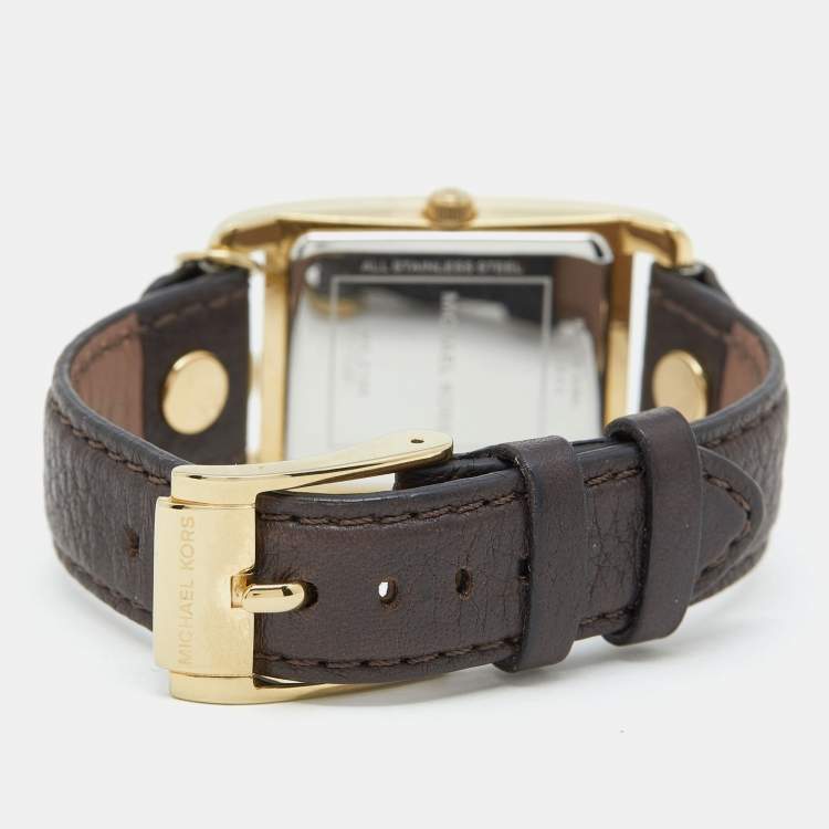 Pre Owned Michael Kors Yellow Gold Plated Stainless Steel Leather Jet Set MK2166 Women's Wristwatch 26 mm