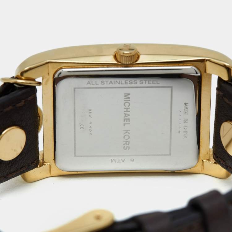 Pre Owned Michael Kors Yellow Gold Plated Stainless Steel Leather Jet Set MK2166 Women's Wristwatch 26 mm