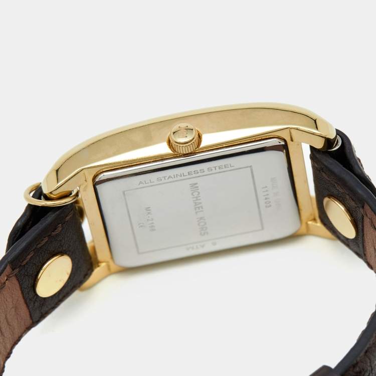Pre Owned Michael Kors Yellow Gold Plated Stainless Steel Leather Jet Set MK2166 Women's Wristwatch 26 mm