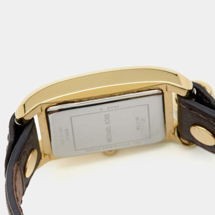 Pre Owned Michael Kors Yellow Gold Plated Stainless Steel Leather Jet Set MK2166 Women's Wristwatch 26 mm