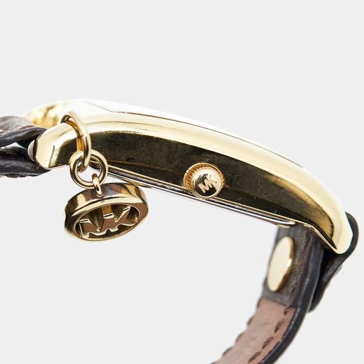 Pre Owned Michael Kors Yellow Gold Plated Stainless Steel Leather Jet Set MK2166 Women's Wristwatch 26 mm