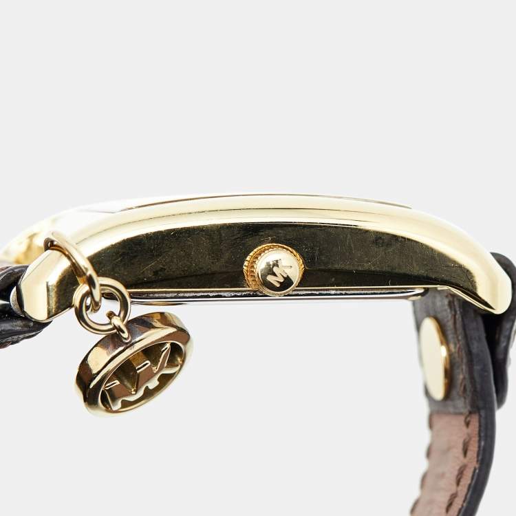 Pre Owned Michael Kors Yellow Gold Plated Stainless Steel Leather Jet Set MK2166 Women's Wristwatch 26 mm