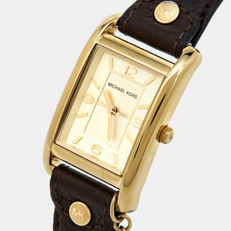 Pre Owned Michael Kors Yellow Gold Plated Stainless Steel Leather Jet Set MK2166 Women's Wristwatch 26 mm