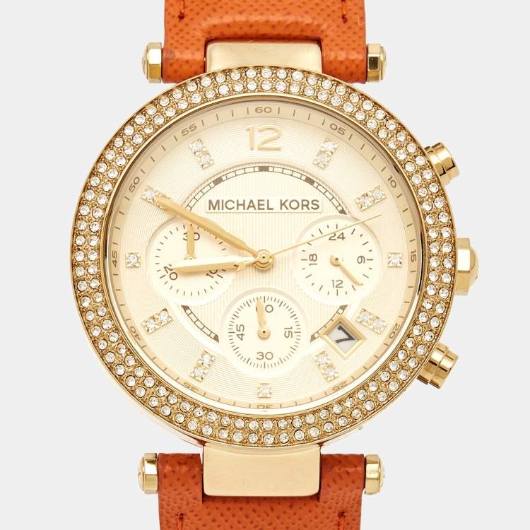 Pre Owned MIchael Kors Champagne Gold Plated Stainless Steel Leather Crystal Embellished Parker MK2279 Women's Wristwatch 39 mm