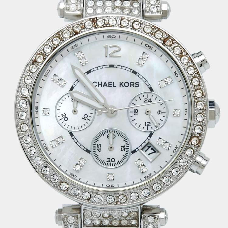 Pre Owned Michael Kors Mother Of Pearl Stainless Steel Crystal Parker MK5572 Women's Wristwatch 39 mm