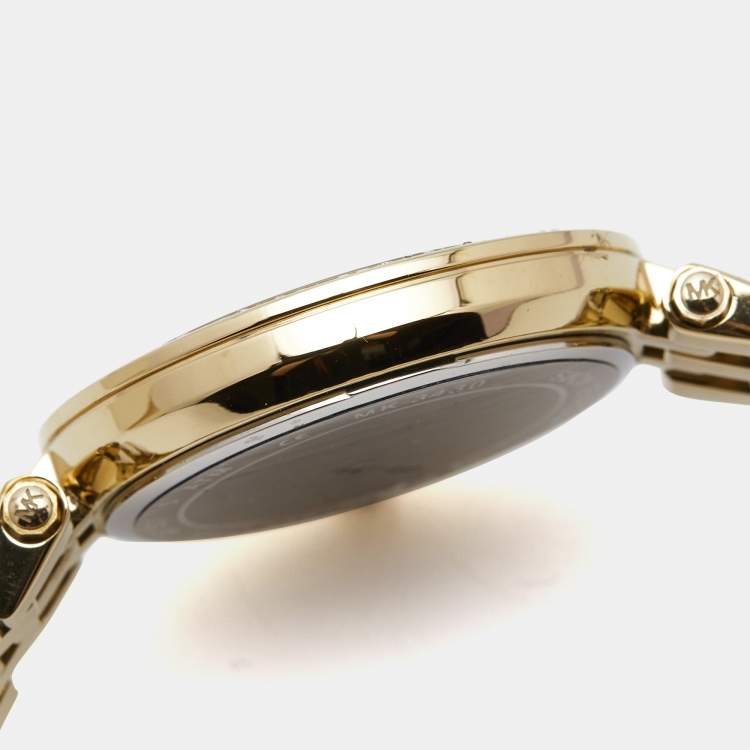 Pre Owned Michael Kors Yellow Gold Plated Stainless Steel Darci Pave MK3430 Women's Wristwatch 33 mm