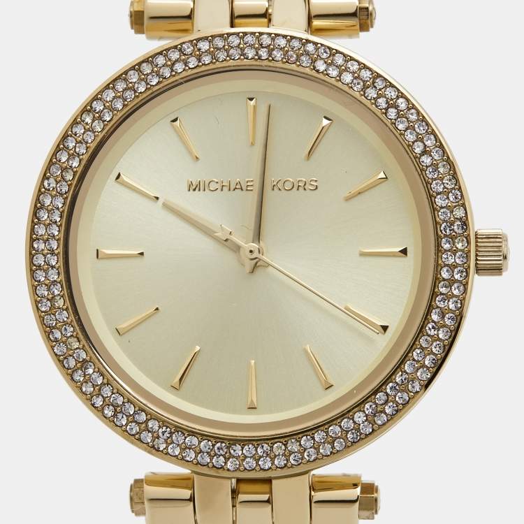 Pre Owned Michael Kors Yellow Gold Plated Stainless Steel Darci Pave MK3430 Women's Wristwatch 33 mm
