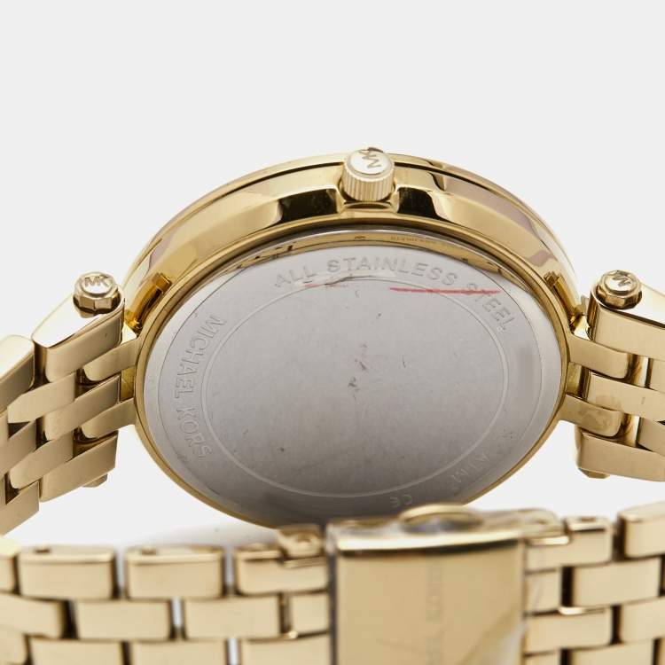 Pre Owned Michael Kors Yellow Gold Plated Stainless Steel Darci Pave MK3430 Women's Wristwatch 33 mm