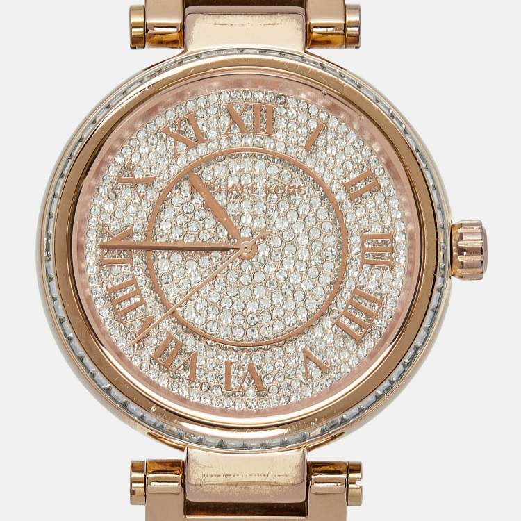 Pre Owned Michael Kors Pave Rose Gold Plated Stainless Steel Skylar MK5868 Women's Wristwatch 40 mm 