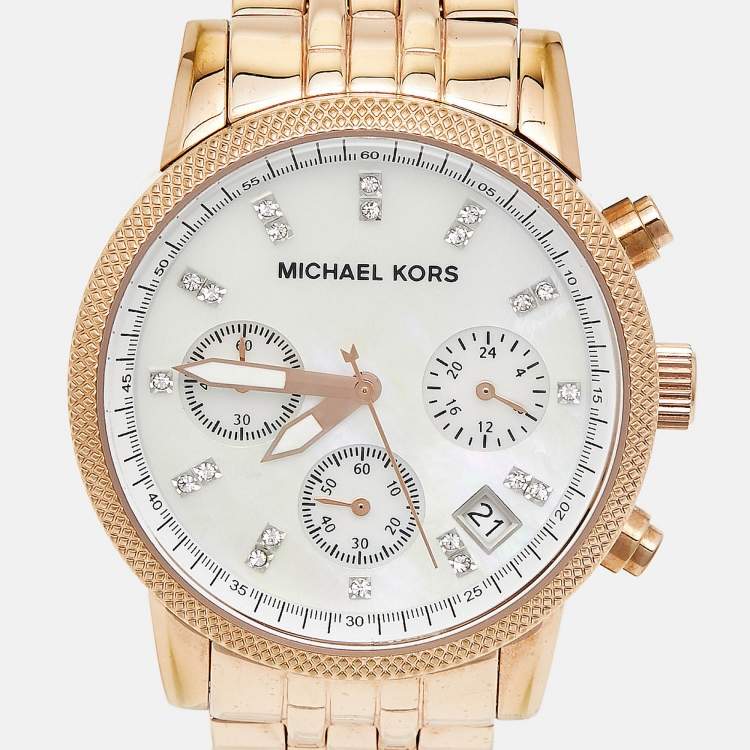 Pre Owned Michael Kors Mother of Pearl Rose Gold Plated Stainless Steel Jet Set MK5026 Women's Wristwatch 38 mm