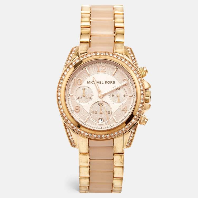 Pre Owned Michael Kors Champagne Gold Plated Stainless Steel Acetate  Blair MK5943 Women's Wristwatch 38 mm