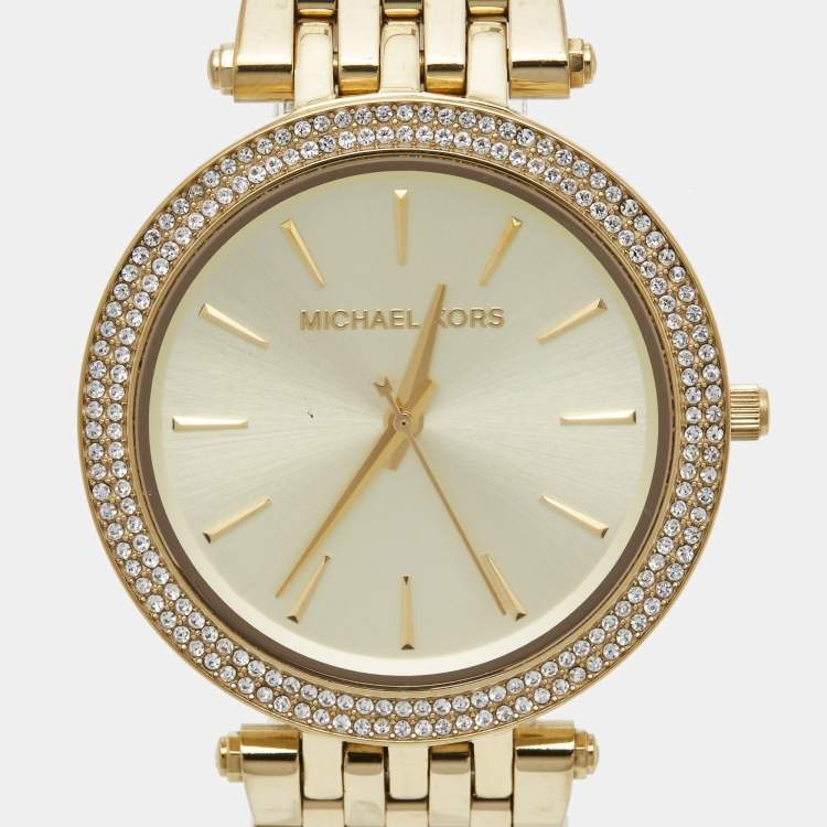 Pre Owned Michael Kors Yellow Gold Plated Stainless Steel Darci Glitz MK3191 Women's Wristwatch 39 mm