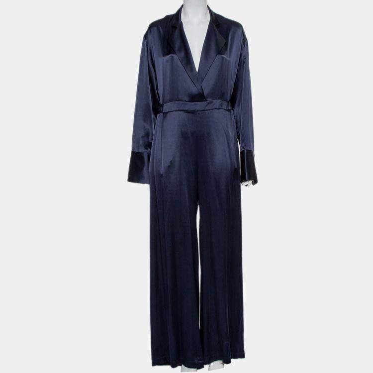 Pre Owned Michael Lo Sordo Navy Blue Silk Satin Collared Jumpsuit M