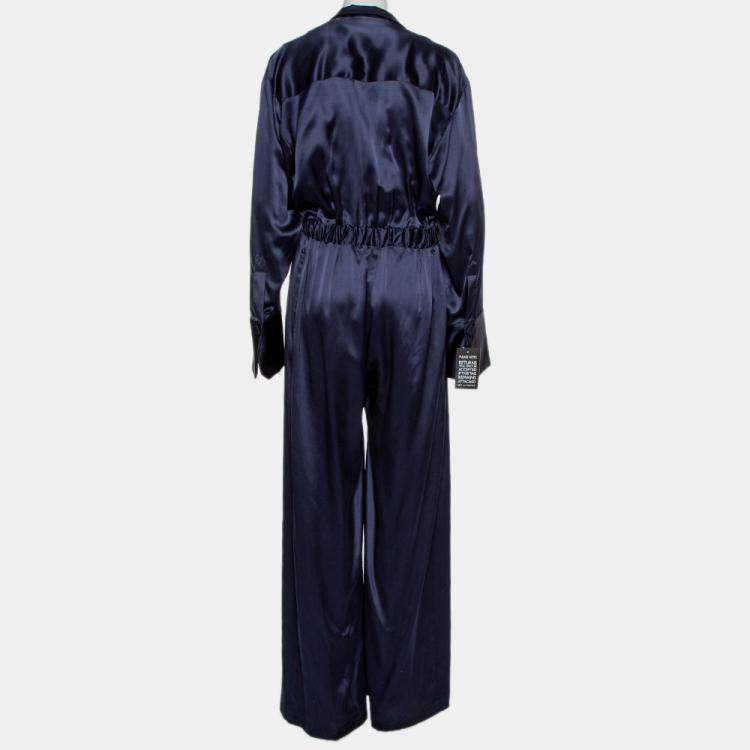 Pre Owned Michael Lo Sordo Navy Blue Silk Satin Collared Jumpsuit M