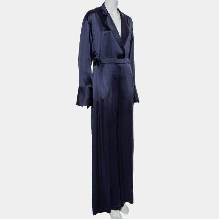 Pre Owned Michael Lo Sordo Navy Blue Silk Satin Collared Jumpsuit M