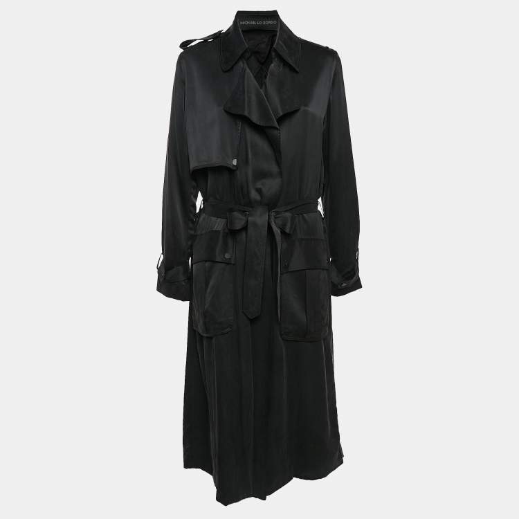 Pre Owned Michael Lo Sordo Black Satin Silk Classic Long Trench Coat M
