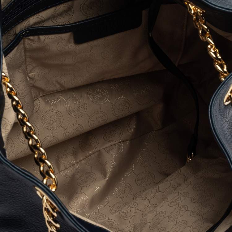 Pre Owned Michael Kors Navy Blue Leather Large Chain Jet Set Tote