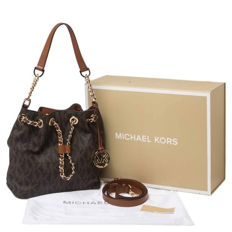 Pre Owned MICHAEL Michael Kors Brown Signature Coated Canvas and Leather Medium Frankie Bucket Bag