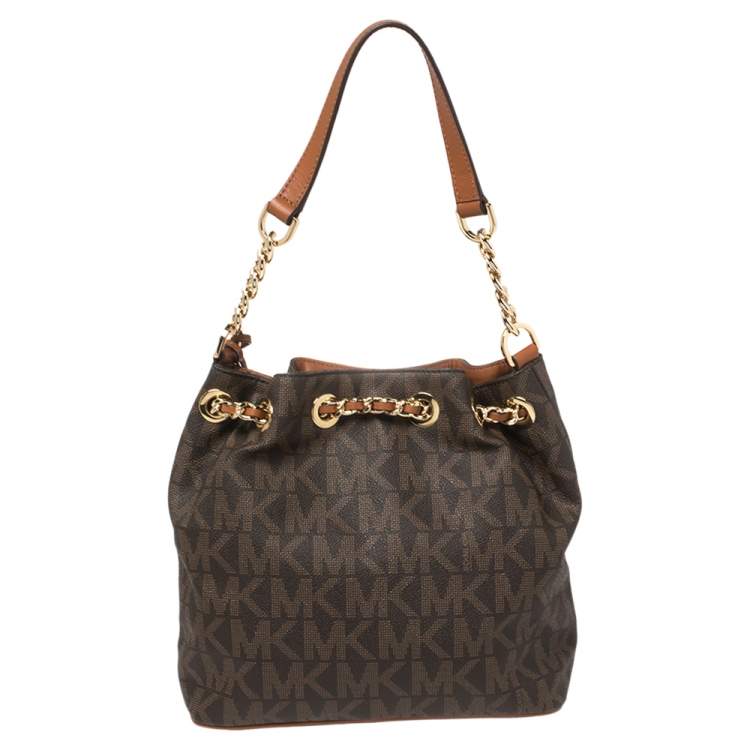 Pre Owned MICHAEL Michael Kors Brown Signature Coated Canvas and Leather Medium Frankie Bucket Bag