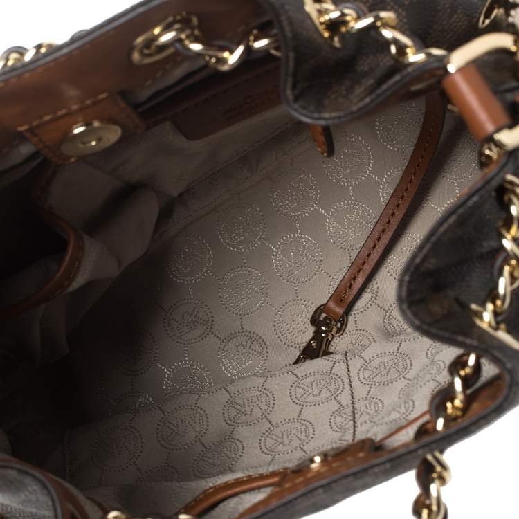 Pre Owned MICHAEL Michael Kors Brown Signature Coated Canvas and Leather Medium Frankie Bucket Bag