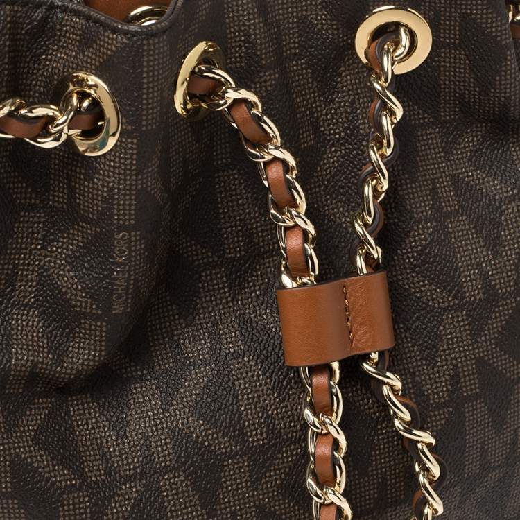 Pre Owned MICHAEL Michael Kors Brown Signature Coated Canvas and Leather Medium Frankie Bucket Bag