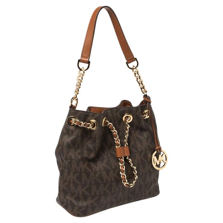 Pre Owned MICHAEL Michael Kors Brown Signature Coated Canvas and Leather Medium Frankie Bucket Bag