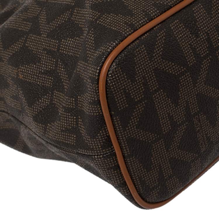 Pre Owned MICHAEL Michael Kors Brown Signature Coated Canvas and Leather Medium Frankie Bucket Bag