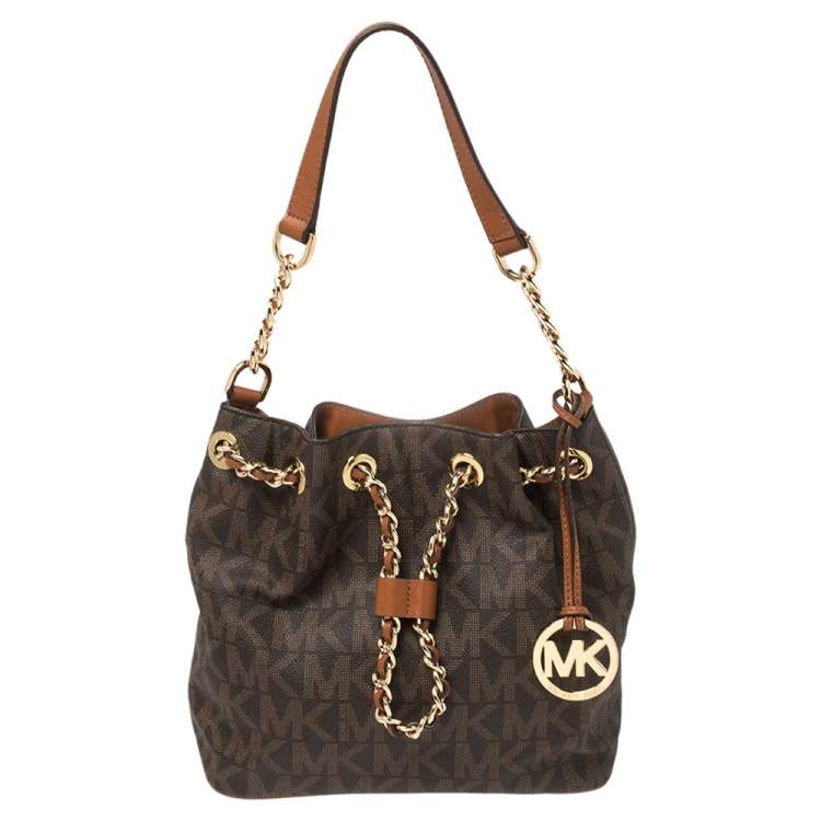 Pre Owned MICHAEL Michael Kors Brown Signature Coated Canvas and Leather Medium Frankie Bucket Bag
