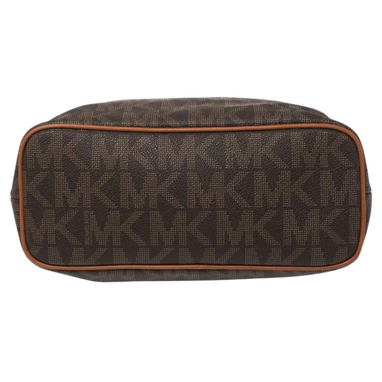 Pre Owned MICHAEL Michael Kors Brown Signature Coated Canvas and Leather Medium Frankie Bucket Bag