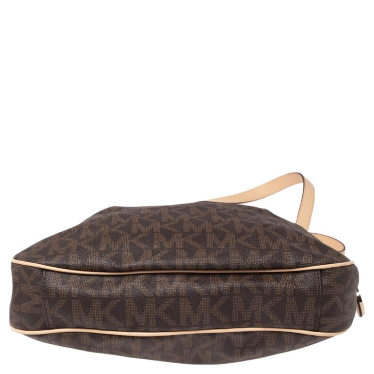 Pre Owned MICHAEL Michael Kors Brown/Beige Signature Coated Canvas and Leather Jet Set Hobo