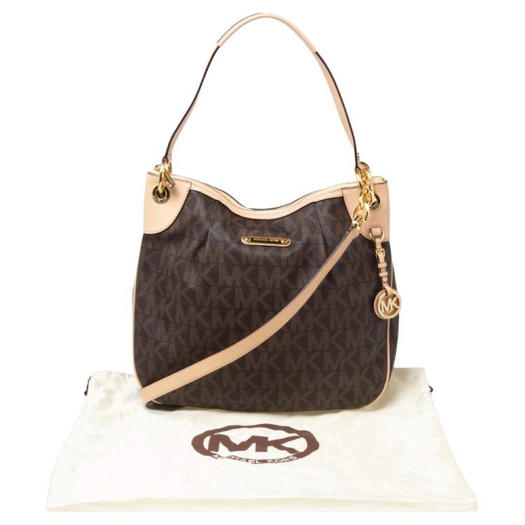 Pre Owned MICHAEL Michael Kors Brown/Beige Signature Coated Canvas and Leather Jet Set Hobo