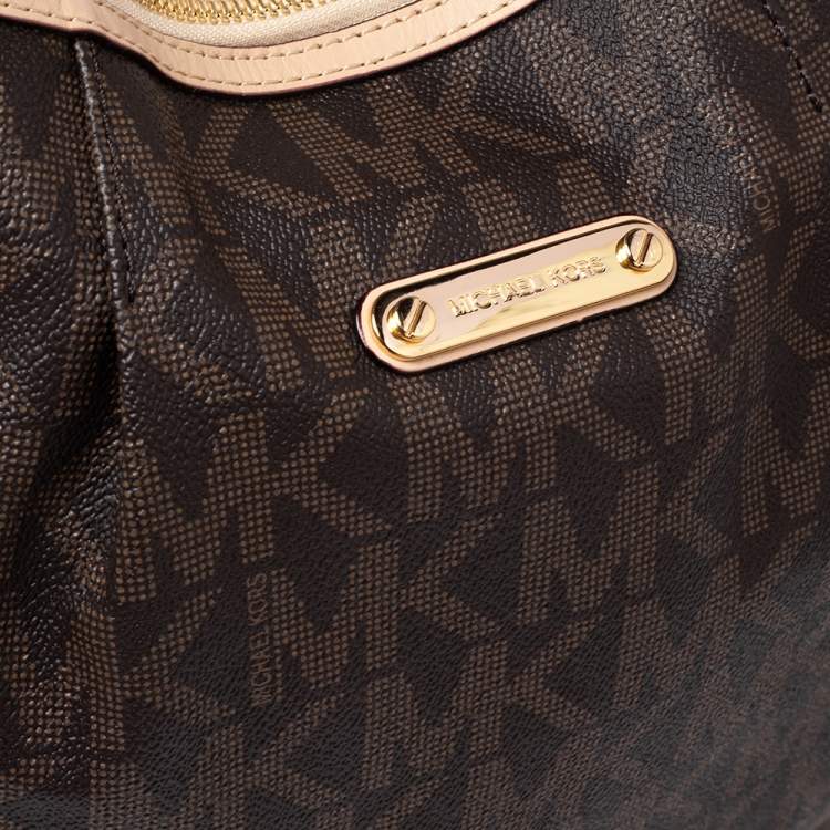 Pre Owned MICHAEL Michael Kors Brown/Beige Signature Coated Canvas and Leather Jet Set Hobo