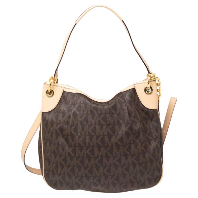 Pre Owned MICHAEL Michael Kors Brown/Beige Signature Coated Canvas and Leather Jet Set Hobo