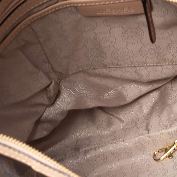 Pre Owned MICHAEL Michael Kors Brown/Beige Signature Coated Canvas and Leather Jet Set Hobo