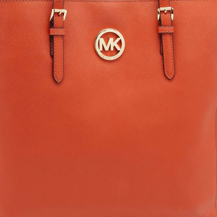 Pre Owned Michael Michael Kors Orange Leather Large Jet Set Travel Tote