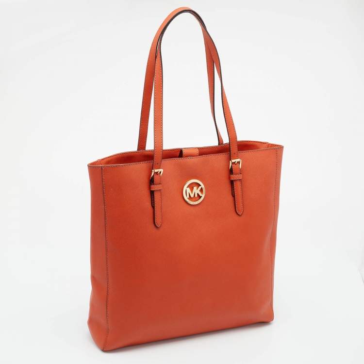 Pre Owned Michael Michael Kors Orange Leather Large Jet Set Travel Tote