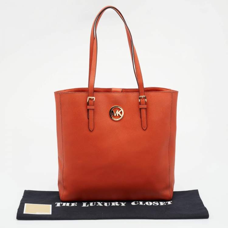 Pre Owned Michael Michael Kors Orange Leather Large Jet Set Travel Tote