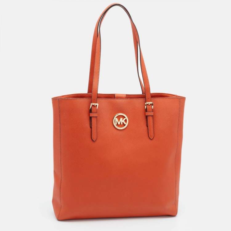 Pre Owned Michael Michael Kors Orange Leather Large Jet Set Travel Tote