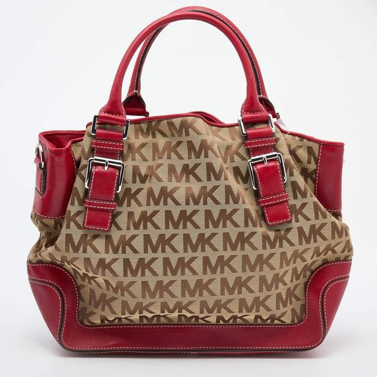 Pre Owned MICHAEL Michael Kors Beige/Red Canvas and Leather Large Brookville Tote
