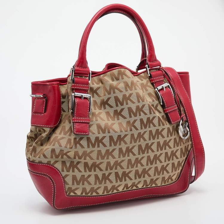 Pre Owned MICHAEL Michael Kors Beige/Red Canvas and Leather Large Brookville Tote