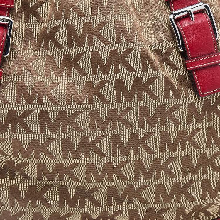 Pre Owned MICHAEL Michael Kors Beige/Red Canvas and Leather Large Brookville Tote