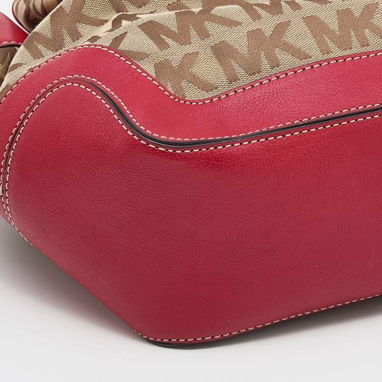 Pre Owned MICHAEL Michael Kors Beige/Red Canvas and Leather Large Brookville Tote