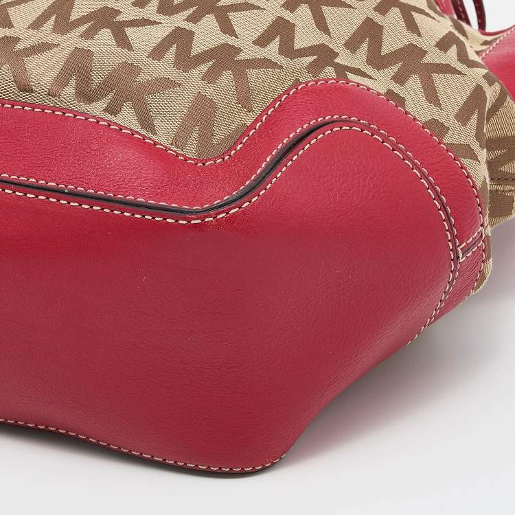 Pre Owned MICHAEL Michael Kors Beige/Red Canvas and Leather Large Brookville Tote
