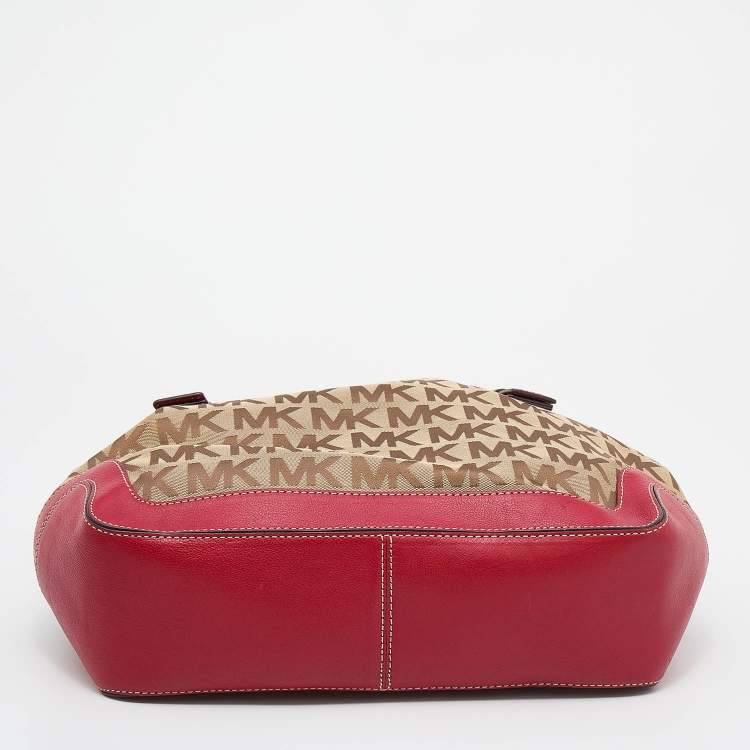 Pre Owned MICHAEL Michael Kors Beige/Red Canvas and Leather Large Brookville Tote