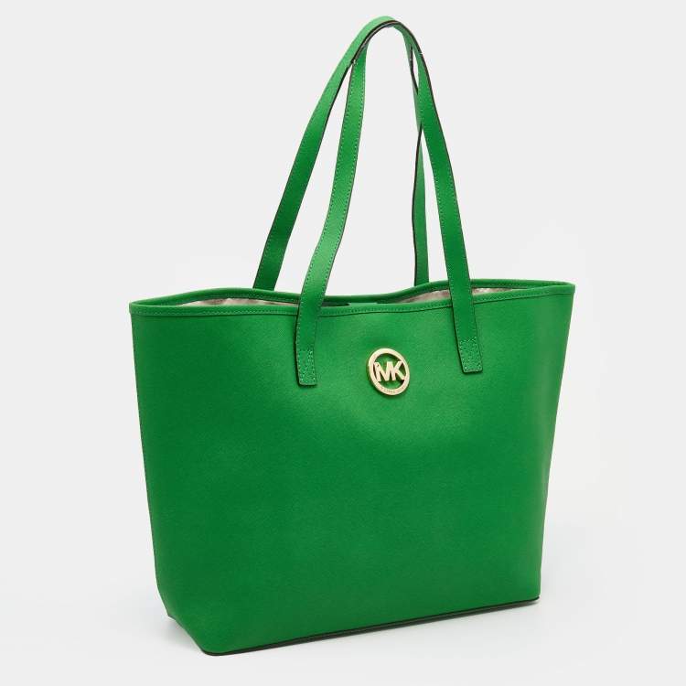 Pre Owned Michael Michael Kors Green Leather Medium Jet Set Travel Tote
