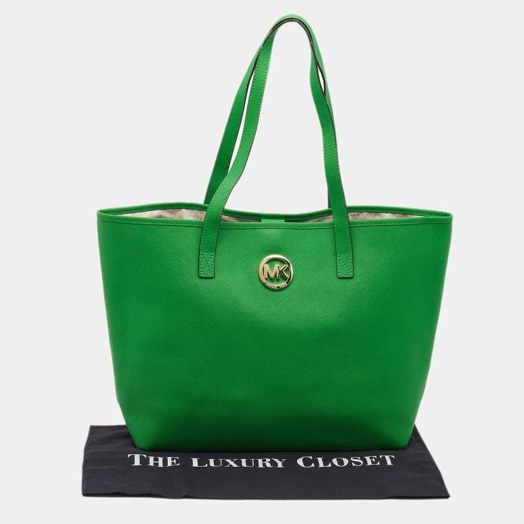 Pre Owned Michael Michael Kors Green Leather Medium Jet Set Travel Tote