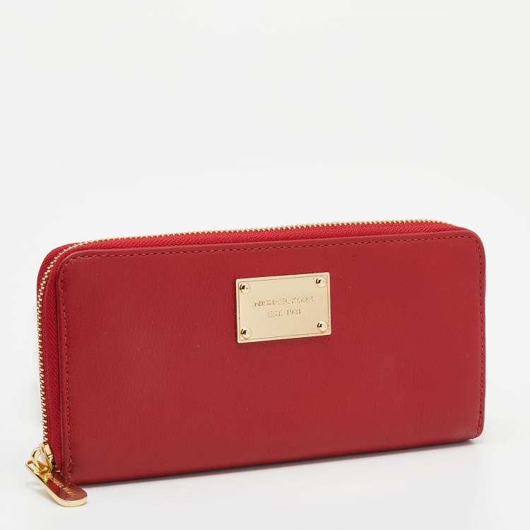 Pre Owned Michael Kors Red Leather Jet Set Zip Around Continental Wallet